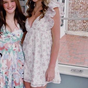 T.J.Maxx White Mini Dress with Pink Floral Print and Ruffle Sleeves